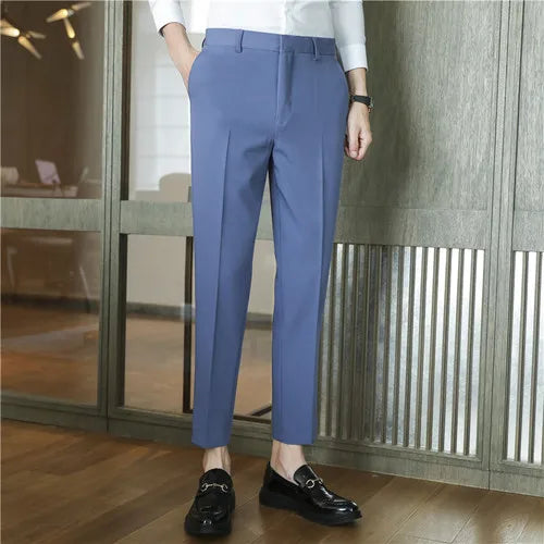 9 Color Summer Fashion Mens Suit Pants Pure Color Business Formal Pants Slim Fit Office Mens Wedding Social Ankle Long Trousers