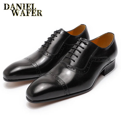 Luxury Men's Genuine Leather Shoes Handmade Office Wedding Dress Red Black Pointed Cap Toe Lace Up Oxford Formal Shoes for Men