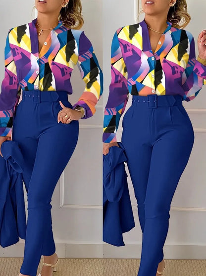 Elegant Women Two Piece Set Suits Fall New Fashion Print Long Sleeve Top Solid Color Pants Set With Belt  Blouses Female Clothes