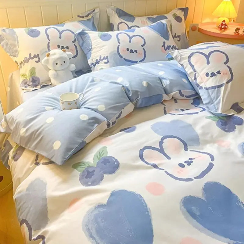 Kawaii Bedding Set for Kids Ins Twin Queen Size Duvet Cover Flat Sheet Pillowcase No Filler Girls Boys Home Totel Bed Linens