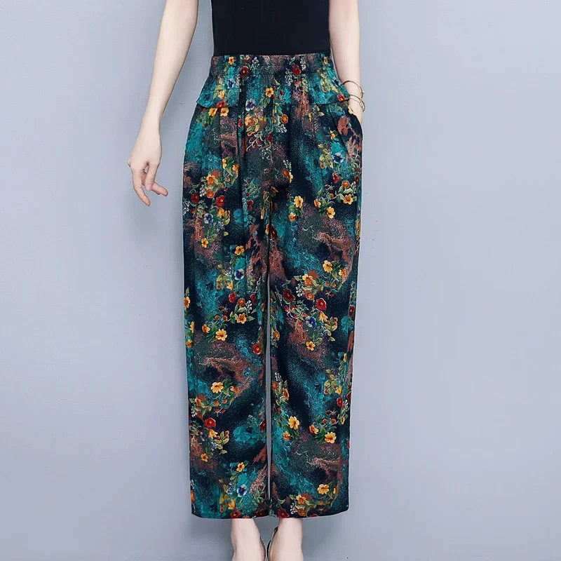 Women Pants High Waist Loose Print Summer Pants for Women Elastic Waist Vintage Clothing