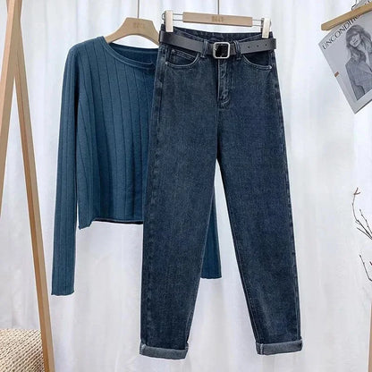 Women's Loose-Fit High-Waisted Fleece-Lined Jeans Slimming Thickened Warm Petite Nine-Point-Slim Fashion Trendy Spring Autumn Je