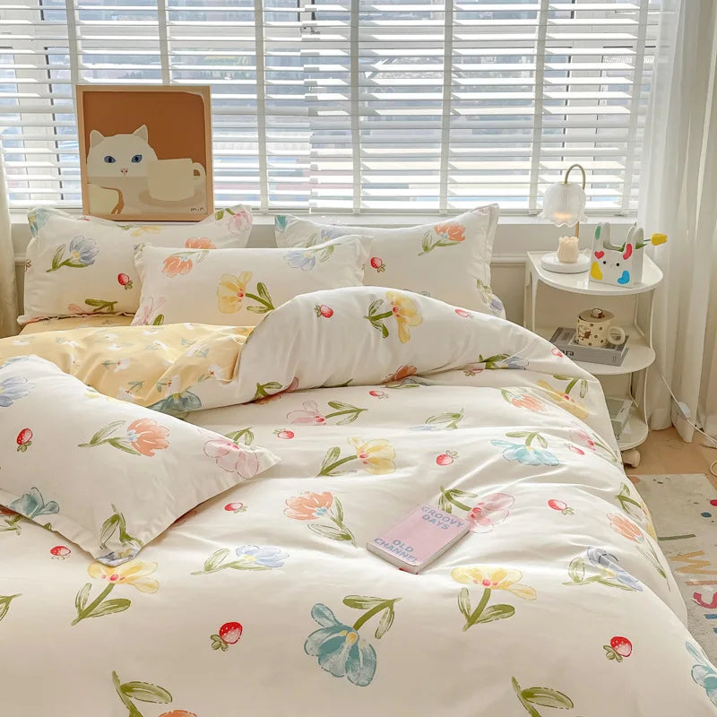 Cute Home Comforter Bedding Sets Washed Cotton Duvet Cover Flat Bed Sheet Set Twin Full Queen King Size Bed For Girls Couple