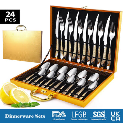 Russian stainless steel tableware set, Crown knife, fork, spoon, gift box packaging for kitchen 24-piece set, Boutique tableware