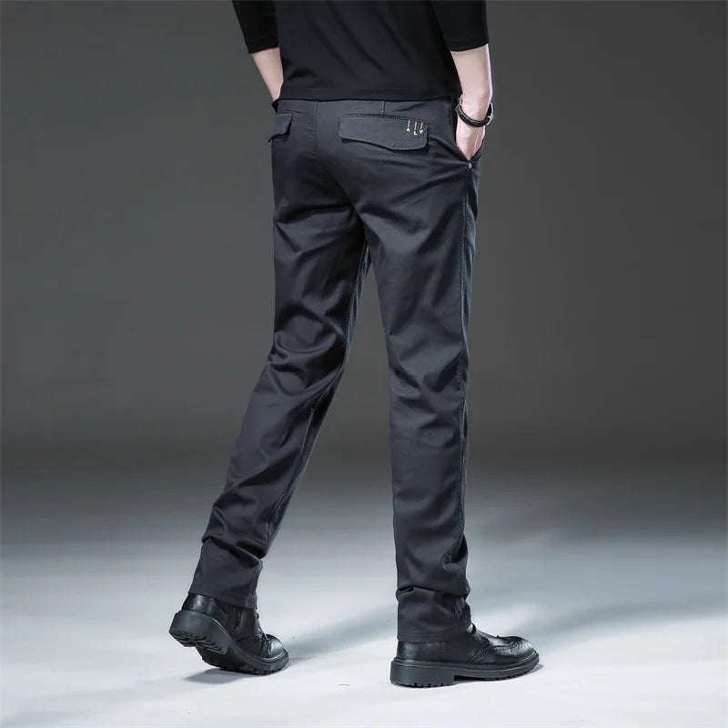 2022 Autumn New Men's Cotton Straight Casual Pants Business Fashion Solid Color Elasticity White Trousers Male Brand Clothing