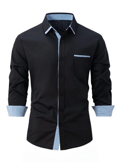 Men's Slim-Fit Casual Shirt Trendy Solid Color Long Sleeve Business Lapel Cotton Shirt with Pocket for Spring Autumn