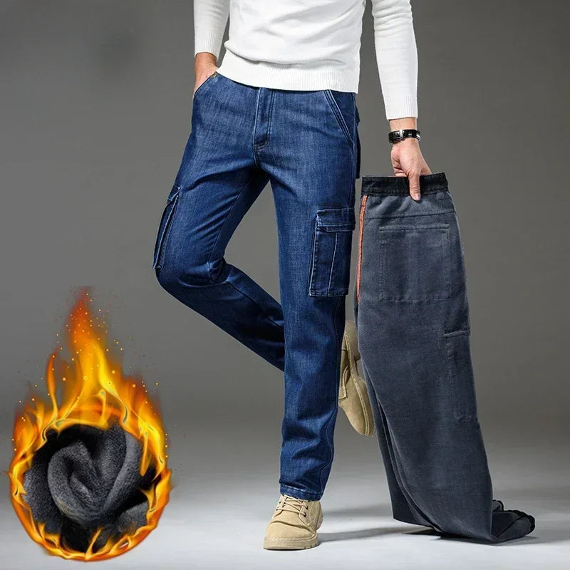 Winter Men's Cargo Jean Fleece Pants With Multi-pockets Loose Style Motorcycle Denim Trousers For Male Washed Size 29-44