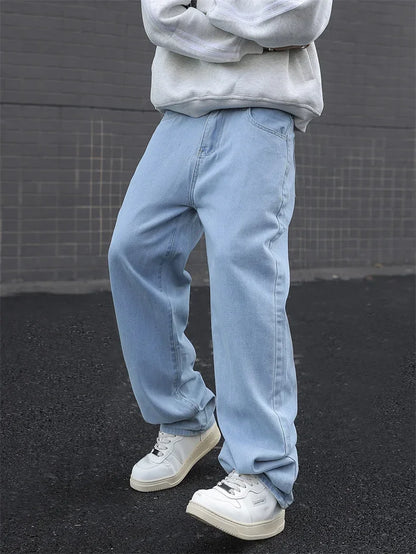 New Men's Cotton Baggy Y2K Jeans Fashion Male Clothes Elastic Waist Washed Wide Leg Pants Solid Straight Loose Denim Trousers