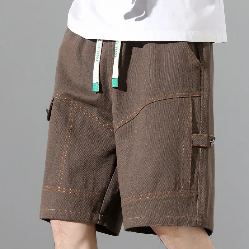 Fashion Elastic Spliced Straight Cargo Denim Shorts Men's Clothing 2024 Summer New Loose Korean High Waist Knee Casual Shorts