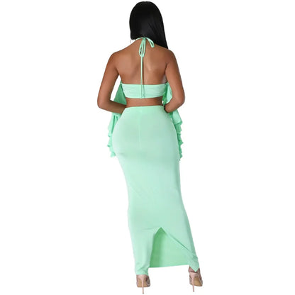 Womens Outifits Elegant Women Strapless Ruffled Top and High-waisted Slit Skirts Set Two Piece Sets Summer Sexy Split Women Sets