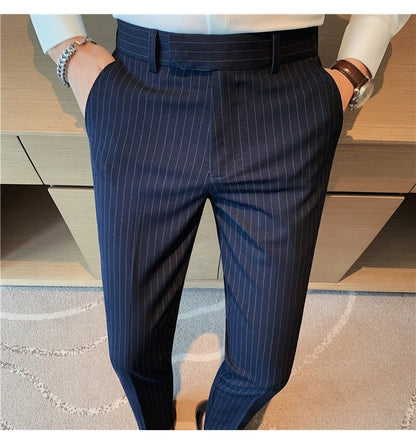 British Style Striped Slim Fit Suit Pant Men Business Casual Simple Dress Pants High Quality Social Wedding Party Trousers 38-28