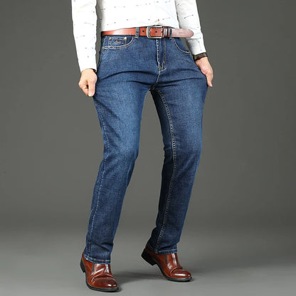 2024 Spring Autumn Office Business Jeans Men Classic Blue Cotton Stretch Straight-leg Denim Pants Male Brand Trousers