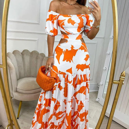 2024 Summer Women's Temperament Commuting Slim Fit Printing Sexy Hollow  Off-Shoulder Maxi Evening Party Beach Long Dresses