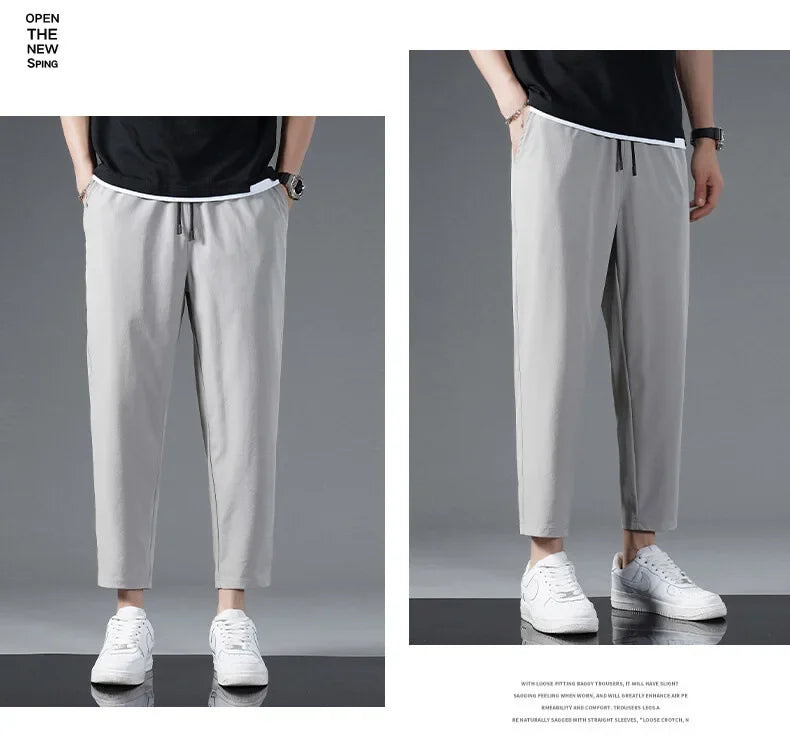 125KG Big Size Summer Ice Silk Crop Pants Men's Elastic Casual Edition Trendy Loose and Quick Drying Sports Large Crop Pants