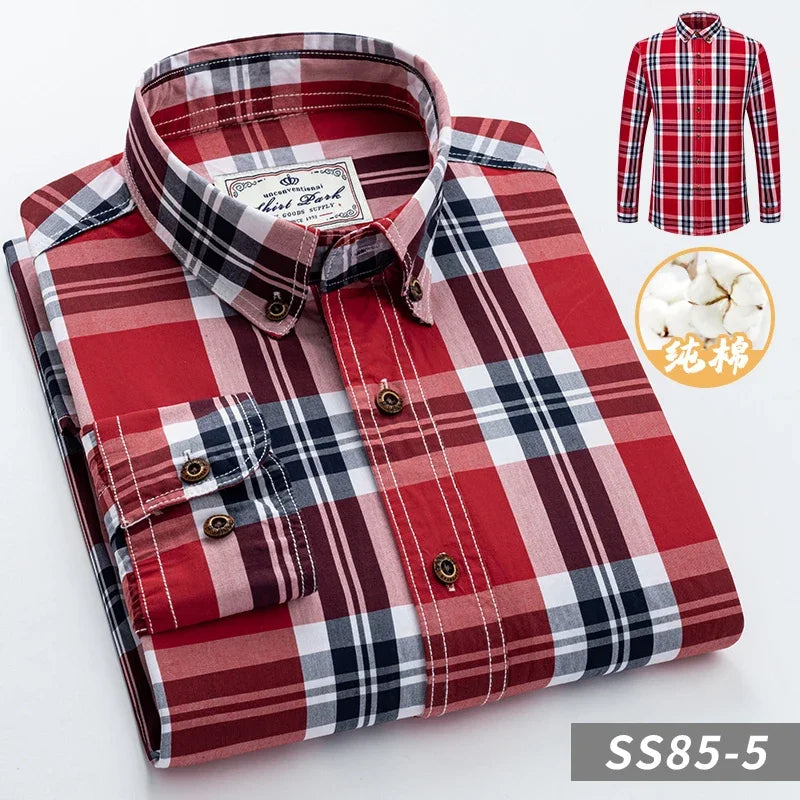 Men's Plaid Checkered Long Sleeve Shirts Contrast Color No Pocket Comfortable 100% Cotton Casual Standard Fit Button Down Shirt