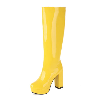 Platform Knee High Boots Women Sexy Patent Leather Women's High Boot White Red Yellow Green Party Shoes Ladies Winter Large Size