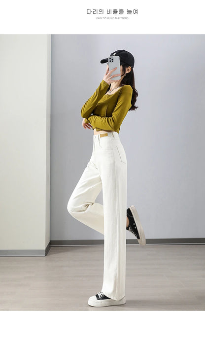 New Arrivals White Blue Denim Jeans For Women Straight Wide Leg Female Long Pants High Quality Trousers Four Season Mop Pants