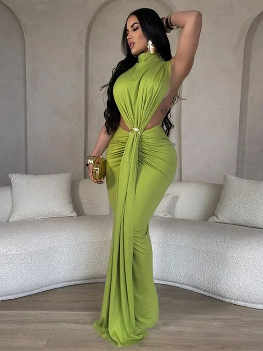 XIZOU Women O-neck High Split Ruched Stacked Bodycon Midi Maxi Dress 2024 Evening Party Club Vestidos Sexy Chic Long Dresses