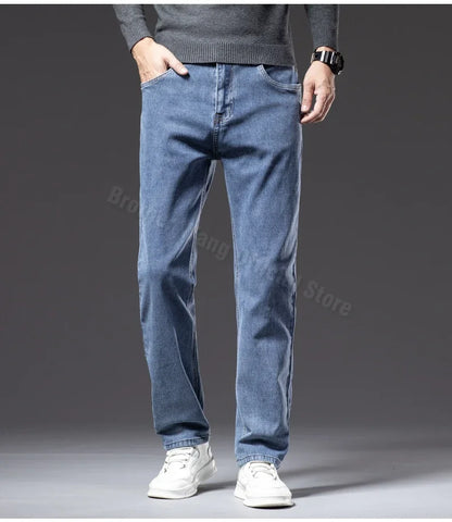 Men's Traight Loose Jeans Cotton Business Casual Stretch Denim Pants Male Trousers Brand Clothing Plus Size 42 44