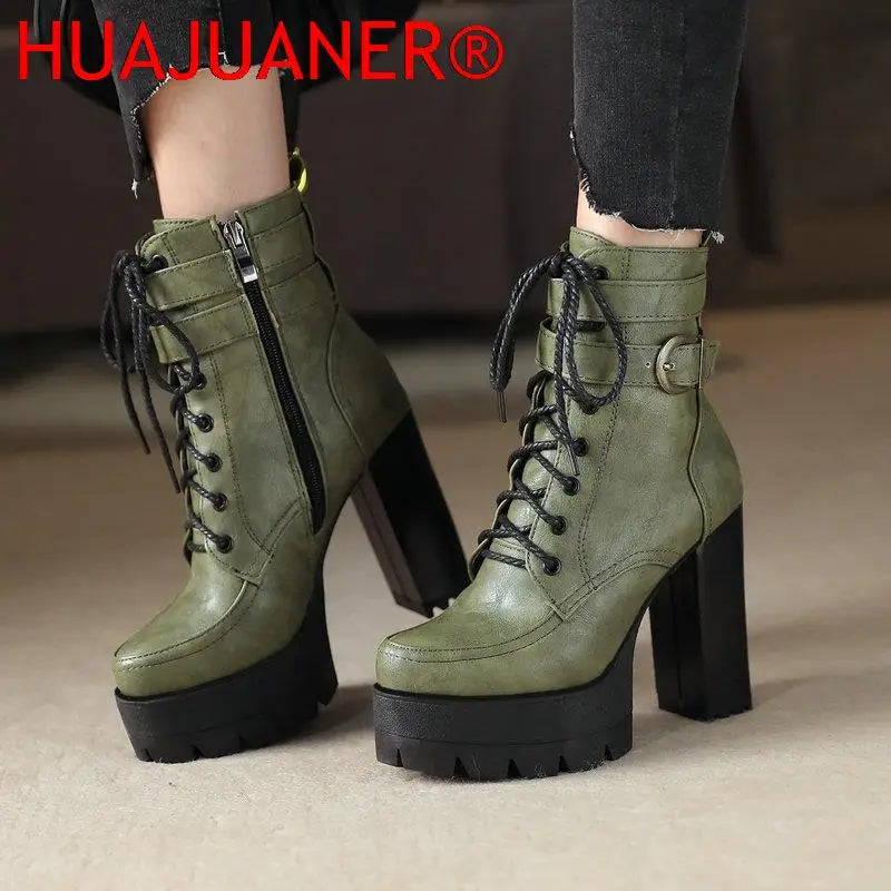 Fashion Platform Women Boots Square High Heel Ankle Boots Lace Up Zipper Motorcycle boots Autumn Winter Plush Ladies Shoes