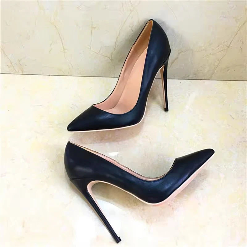 Matte Black Sexy 12cm Woman Super High Heels Pointed Toe Shallow Stilettos Pumps OL Work Ladies Slingback Dress Shoes