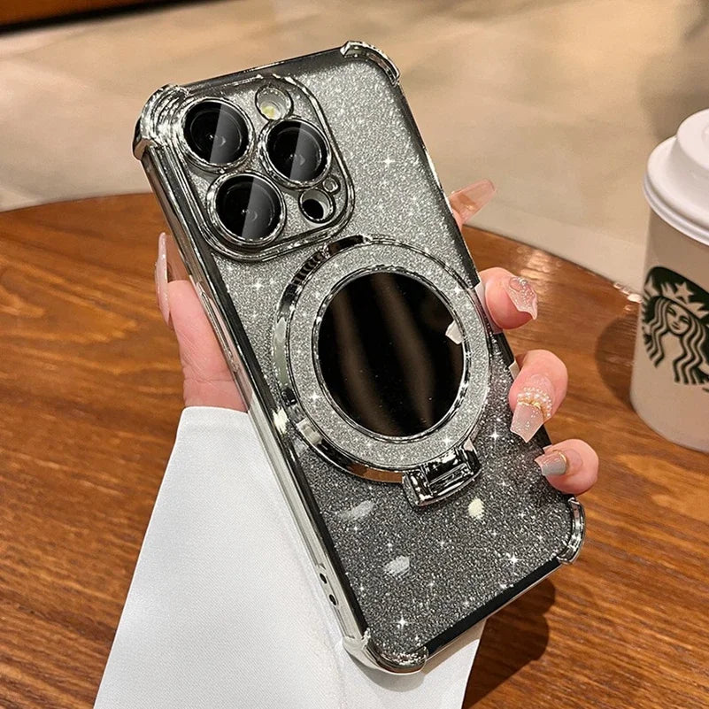 Plating Airbag Glitter Bracket Magsafe Case for iPhone 15 16 Pro Max 15 Plus Luxury Mirror Cover for iPhone 11 12 13 14 Pro Max