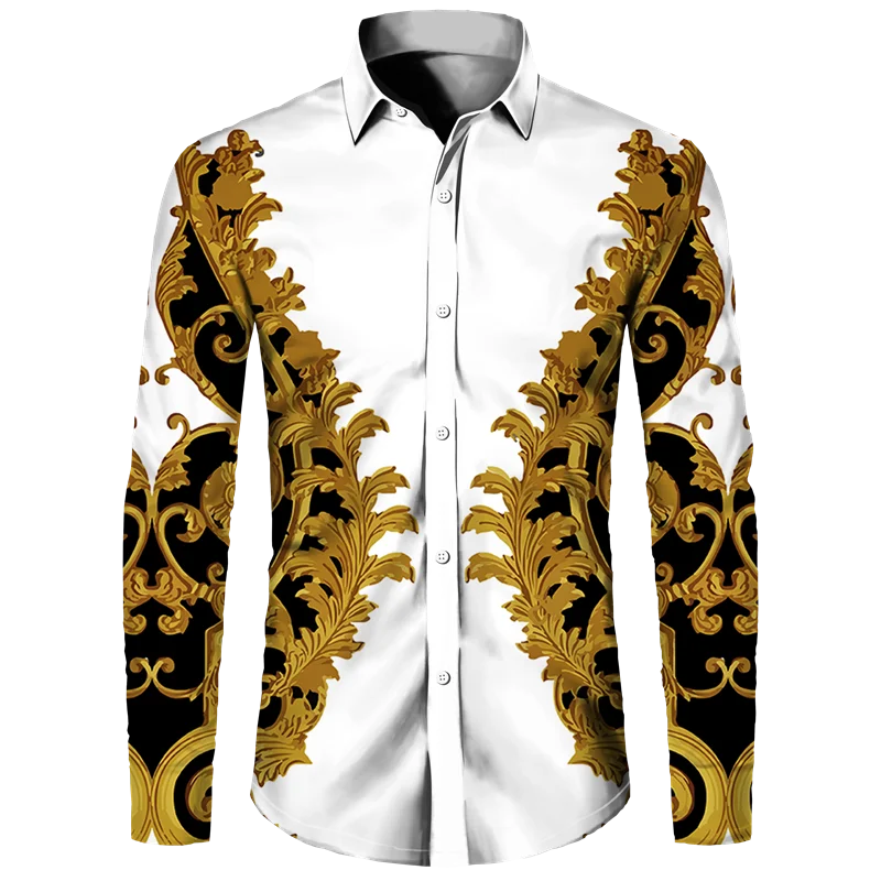 Golden Flower Pattern Print Men's Shirts Casual Single-Breasted Cardigan Long Sleeve Shirt Fashion Trend Tops Men Clothing