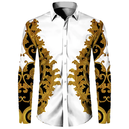 Golden Flower Pattern Print Men's Shirts Casual Single-Breasted Cardigan Long Sleeve Shirt Fashion Trend Tops Men Clothing