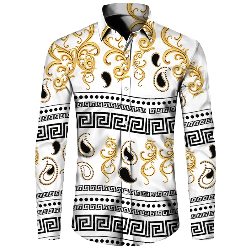 Golden Flower Pattern Print Men's Shirts Casual Single-Breasted Cardigan Long Sleeve Shirt Fashion Trend Tops Men Clothing