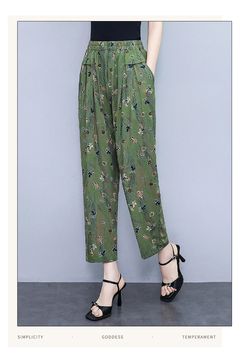 Women Pants High Waist Loose Print Summer Pants for Women Elastic Waist Vintage Clothing