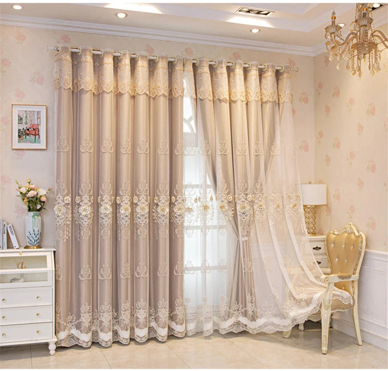 Embossed 3D Embroidered Luxury Double Layer Curtains for Living Room Bedroom Dining Elegant High Shading Coffe Windows Drapes