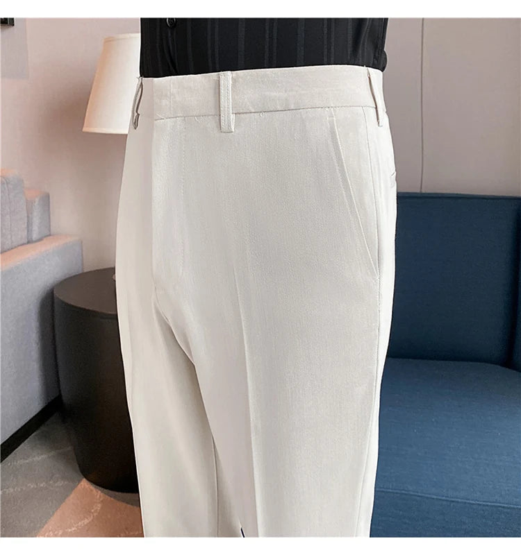 9 Color Summer Fashion Mens Suit Pants Pure Color Business Formal Pants Slim Fit Office Mens Wedding Social Ankle Long Trousers