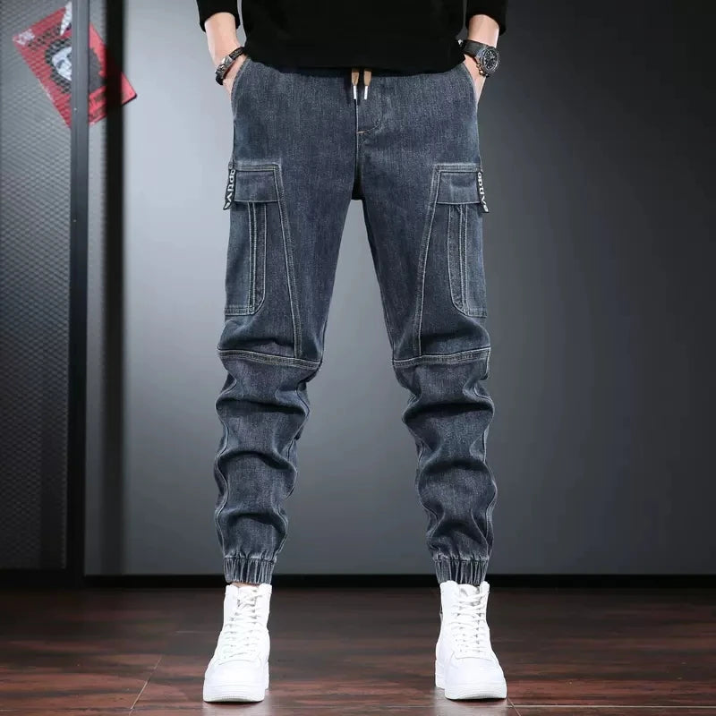 Autumn Jeans Men Baggy Cargo Pants Streetwear Hip Hop Casual Blue Gray Elastic Waist Denim Trousers CP2013