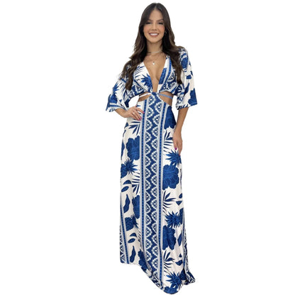 Sexy Printed Long Dresses Deep V-neck Women Hollow Out Lace-up Bat Half Sleeve Vacation Dress Spring Summer New Bohemian Style