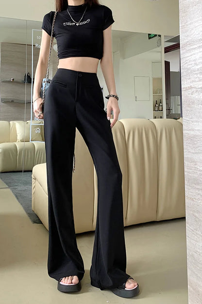 Black Elegant Casual Flare Pants Women Button Korean Style Fashion Long Pants Female High Waist Vintage Designer Pants 2023 New