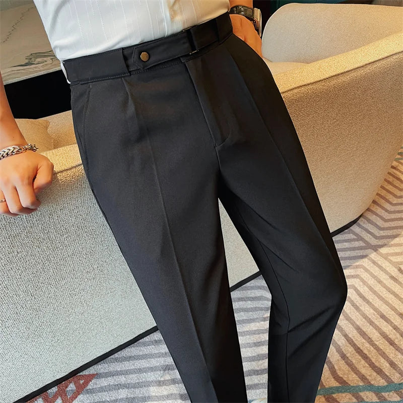 2024 Summer Fashion Belt Design Suit Pant High-waist Solid Color Business Slim Fit Formal Wedding Social Dress Ankle Pants 38-28