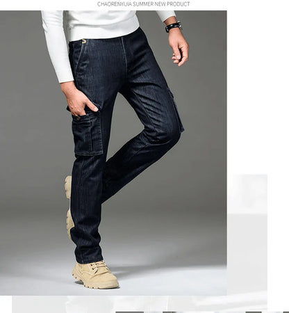 Winter Men's Cargo Jean Fleece Pants With Multi-pockets Loose Style Motorcycle Denim Trousers For Male Washed Size 29-44