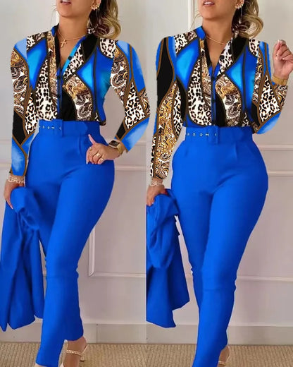 Elegant Women Two Piece Set Suits Fall New Fashion Print Long Sleeve Top Solid Color Pants Set With Belt  Blouses Female Clothes