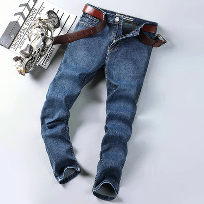 2024 Spring Autumn Office Business Jeans Men Classic Blue Cotton Stretch Straight-leg Denim Pants Male Brand Trousers