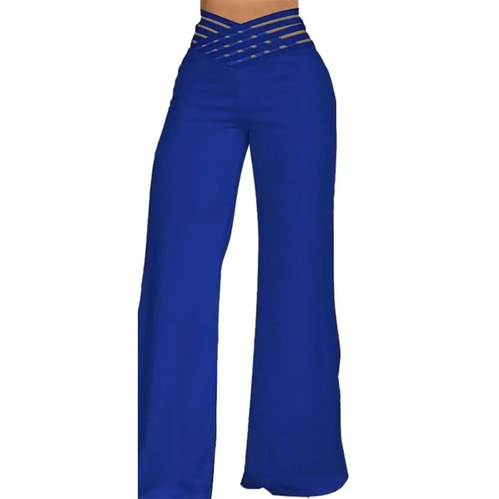 Hollow Wide Waistband Long Pants Women High Waist Solid Color Wide Leg Flared Trousers Yoga Sport Gym Pants