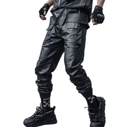 2023 Waxy Coating Punk Hip Hop Cargo Pants Mens Multi-pockets Motorcycle Techwear Functional Joggers Street Casual Trousers