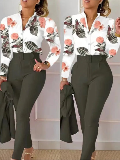 Elegant Women Two Piece Set Suits Fall New Fashion Print Long Sleeve Top Solid Color Pants Set With Belt  Blouses Female Clothes