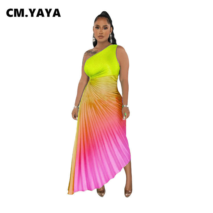 CM.YAYA Women Gradient Printed Pleated One Shoulder Roll Waist Maxi Irregular Big Swing Dress 2023 Sexy Party Vestidos Dresses