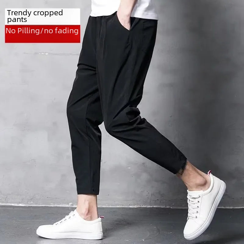 Summer Casual Men's Straight-leg Cropped Pants Ice Silk Elastic Small Foot Trendy Sports Korean Style Youth Pants