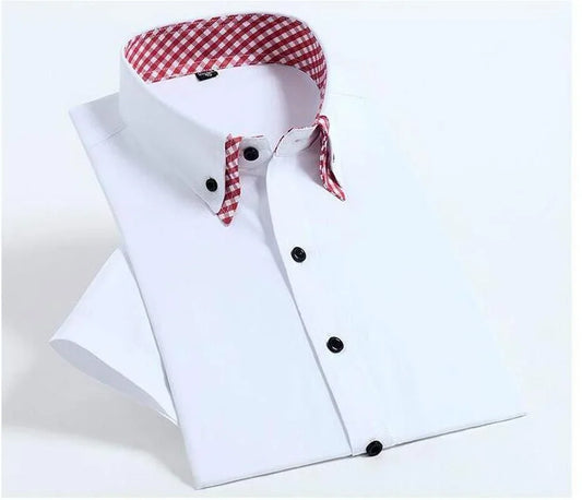 Quality Diamond Men Short Sleeve Shirt Button White Formal Solid Plaids Dress Shirts Turn Down Slim Fit Casual Camisa Masculina