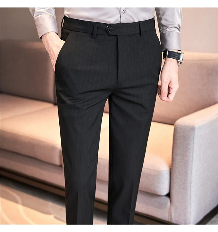 Autumn Winter Thickened Striped Suit Pant Men Business Slim Fit Long Pants Formal Office Social Party Casual Pants Streetwear