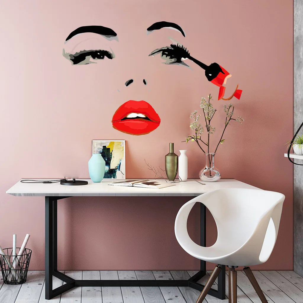 Beauty Female Face Wall Sticker Decal Beauty Studio Wallpaper Cosmetic Makeup Wall Art Sticker Mural Removable Salon Decoration