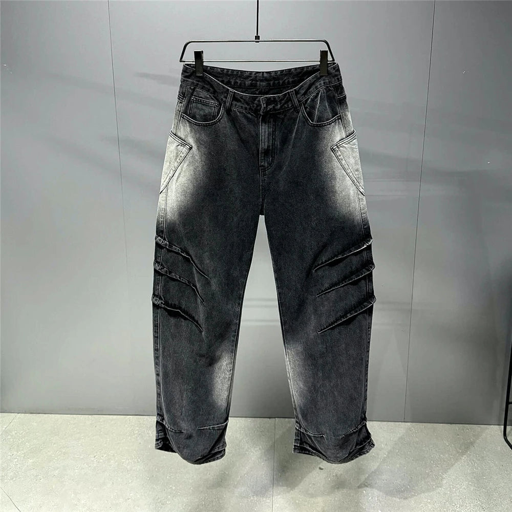 High Quality Black Vintage Casual Gradient Cargo Jeans Streetwear Straight Leg Jeans Hip Hop Denim Pants Kpop Trousers Male