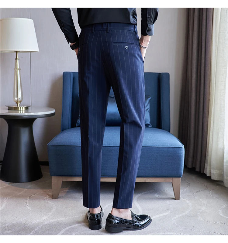 Men's Striped Suit Pants Elastic 2024 Autumn New Social Casual Trousers Slim Fit Suit Pants Business Office Wedding Men Clothing