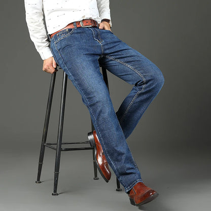 2024 Spring Autumn Office Business Jeans Men Classic Blue Cotton Stretch Straight-leg Denim Pants Male Brand Trousers